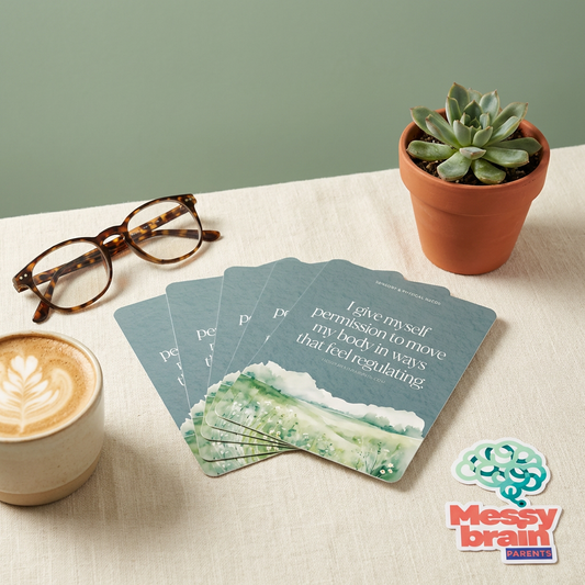 Neurodiversity affirmation cards for ADHD and autism by Messy Brain Parents, featuring colorful designs and positive messages.