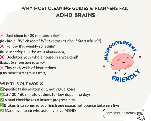 ADHD-friendly decluttering and cleaning planner for parents, digital printable system with organized daily home management tools.