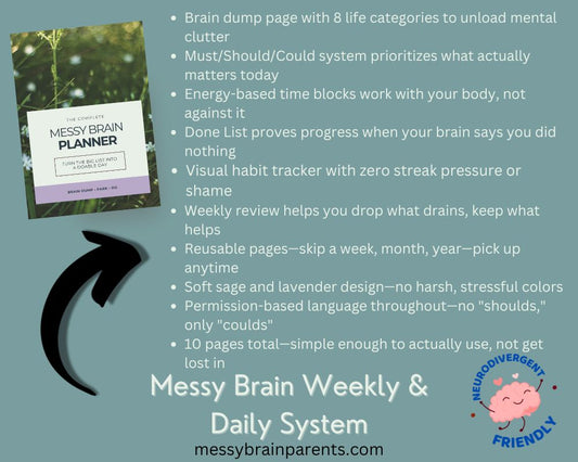 ADHD parent planner by Messy Brain Parents, digital and printable daily system for overwhelmed parents with focus and organization tools.