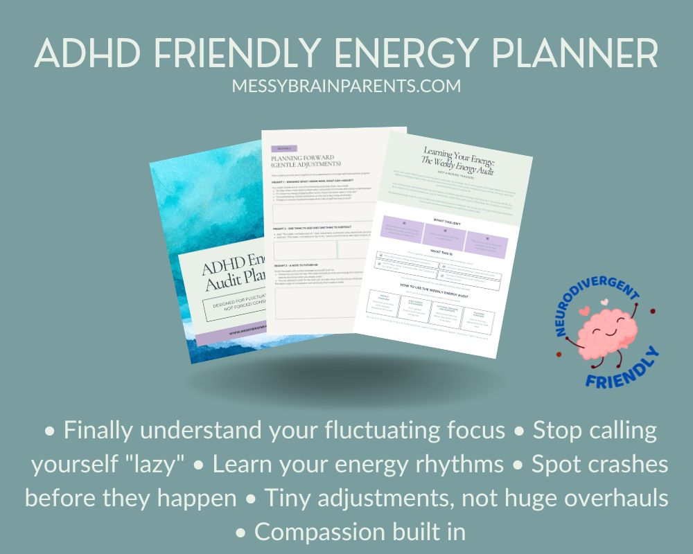 Printable ADHD energy planner for parents, weekly focus audit, digital system for neurodivergent brains, with colorful daily layout.