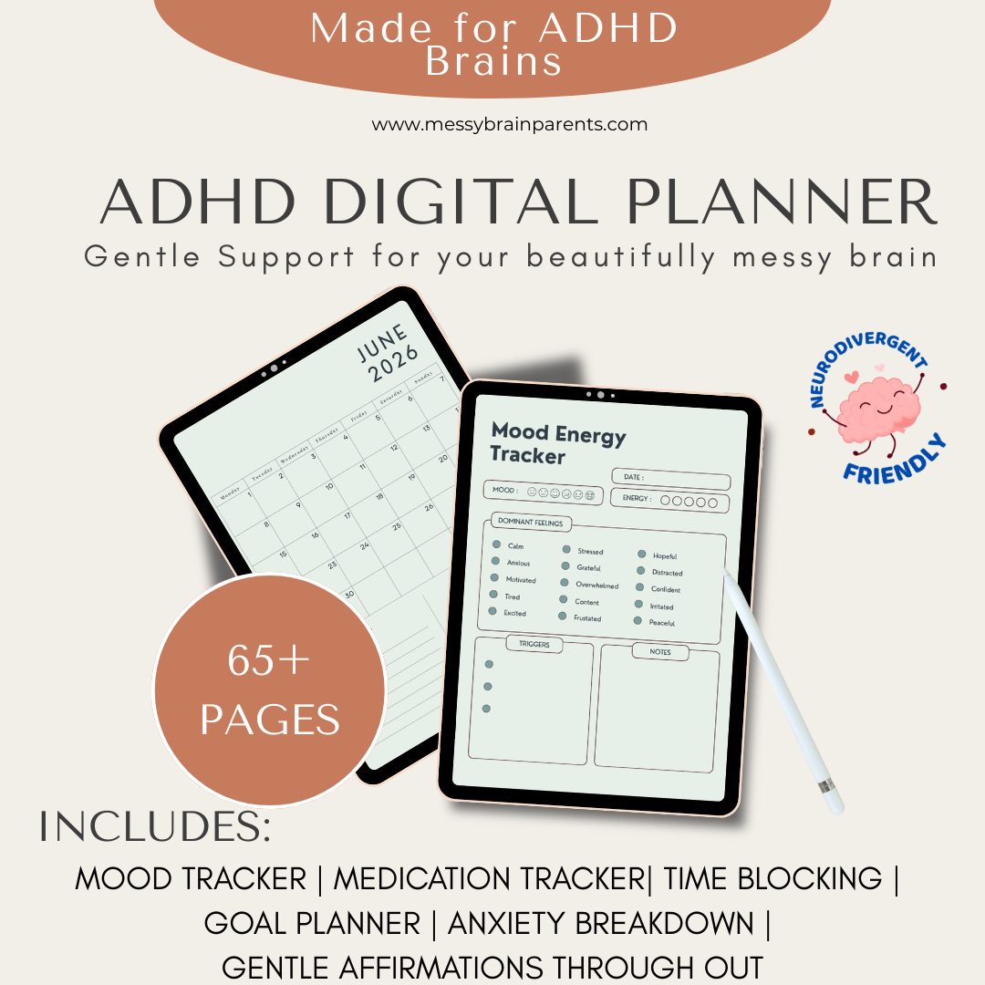 Digital and printable ADHD parent planner by Messy Brain Parents, featuring daily organization tools for overwhelmed parents.