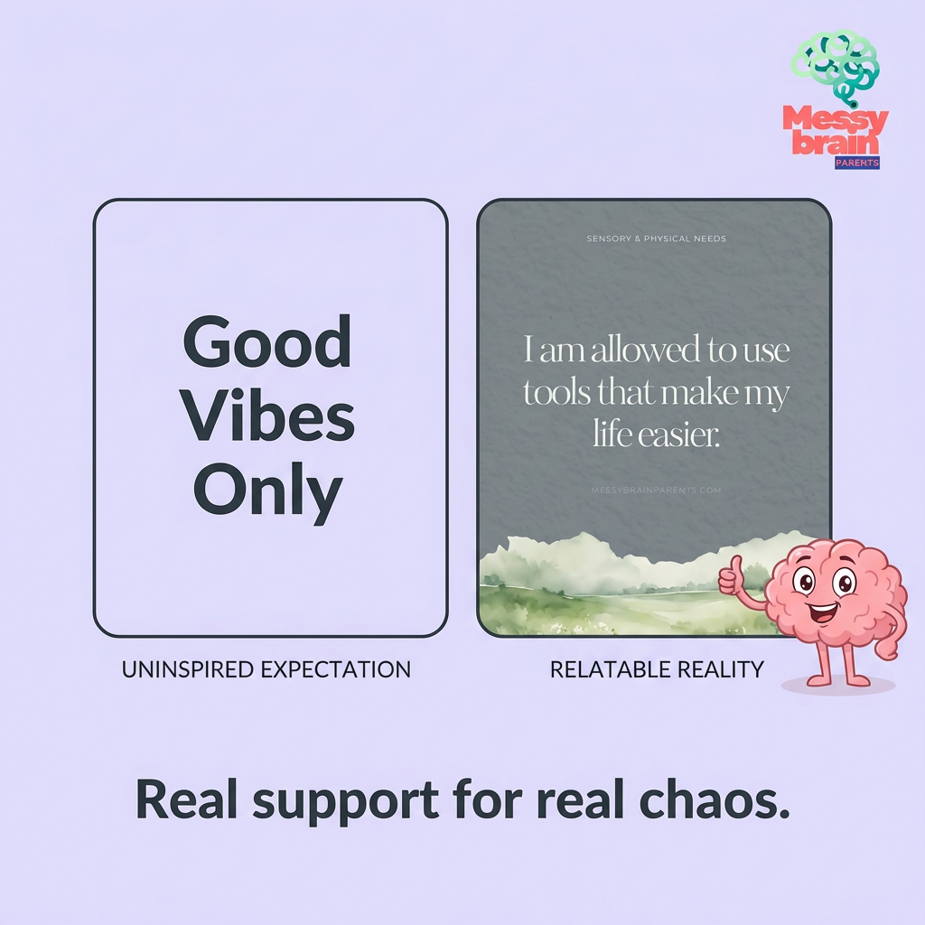 Neurodiversity affirmation cards for ADHD and autism, featuring colorful designs and positive messages from Messy Brain Parents.