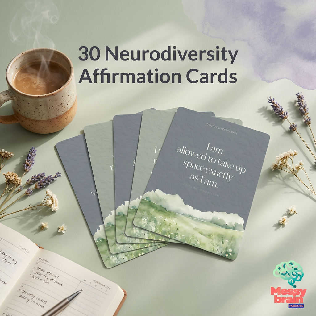 Neurodiversity affirmation cards for ADHD and autism by Messy Brain Parents, featuring colorful designs and positive messages.
