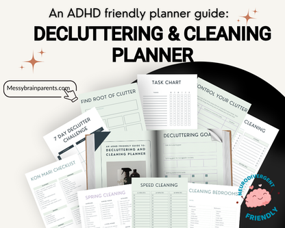 ADHD-friendly decluttering and cleaning planner for parents, digital printable organization system by Messy Brain Parents
