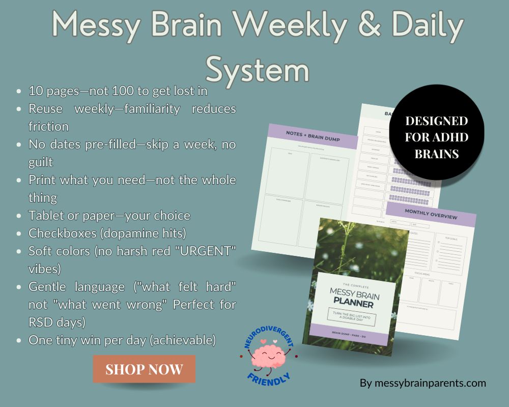 ADHD parent planner by Messy Brain Parents, printable daily system for overwhelmed parents with focus and executive dysfunction support.