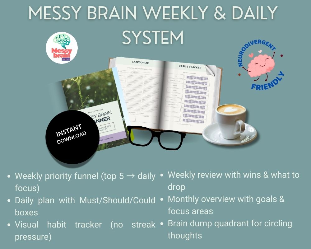 Messy Brain Parents ADHD planner for overwhelmed parents, featuring a printable daily system for managing executive dysfunction.