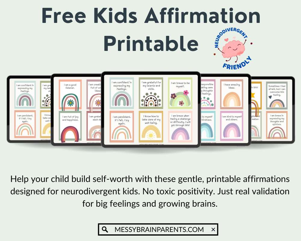 Colorful printable affirmation cards for kids with ADHD, featuring positive daily reminders by Messy Brain Parents.