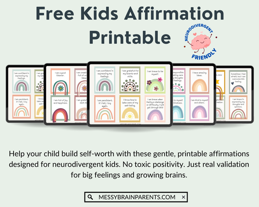 Colorful printable affirmation cards for kids with ADHD, featuring positive daily reminders by Messy Brain Parents.