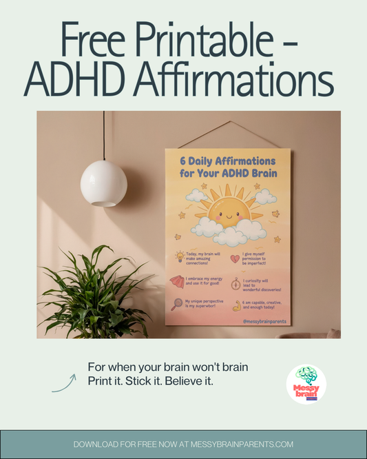 Free ADHD affirmation poster from Messy Brain Parents, featuring positive affirmations on a colorful design for motivation and support.